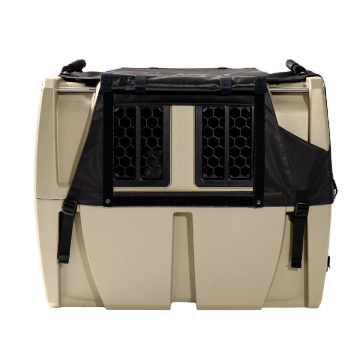 The GUNNER ALL-WEATHER KIT 2.0, featuring a beige hard-shell pet crate with black ventilation grilles and a waterproof cover partially draped over the top and sides, is shown from the front on a white background.