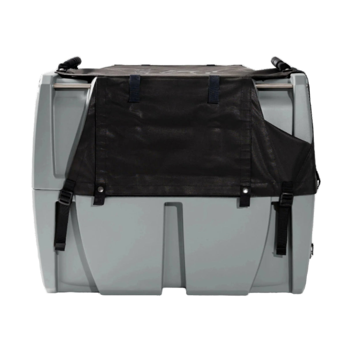 The GUNNER ALL-WEATHER KIT 2.0, a black mesh waterproof cover, is partially draped over a gray plastic pet crate and secured with straps and buckles on the sides and top.