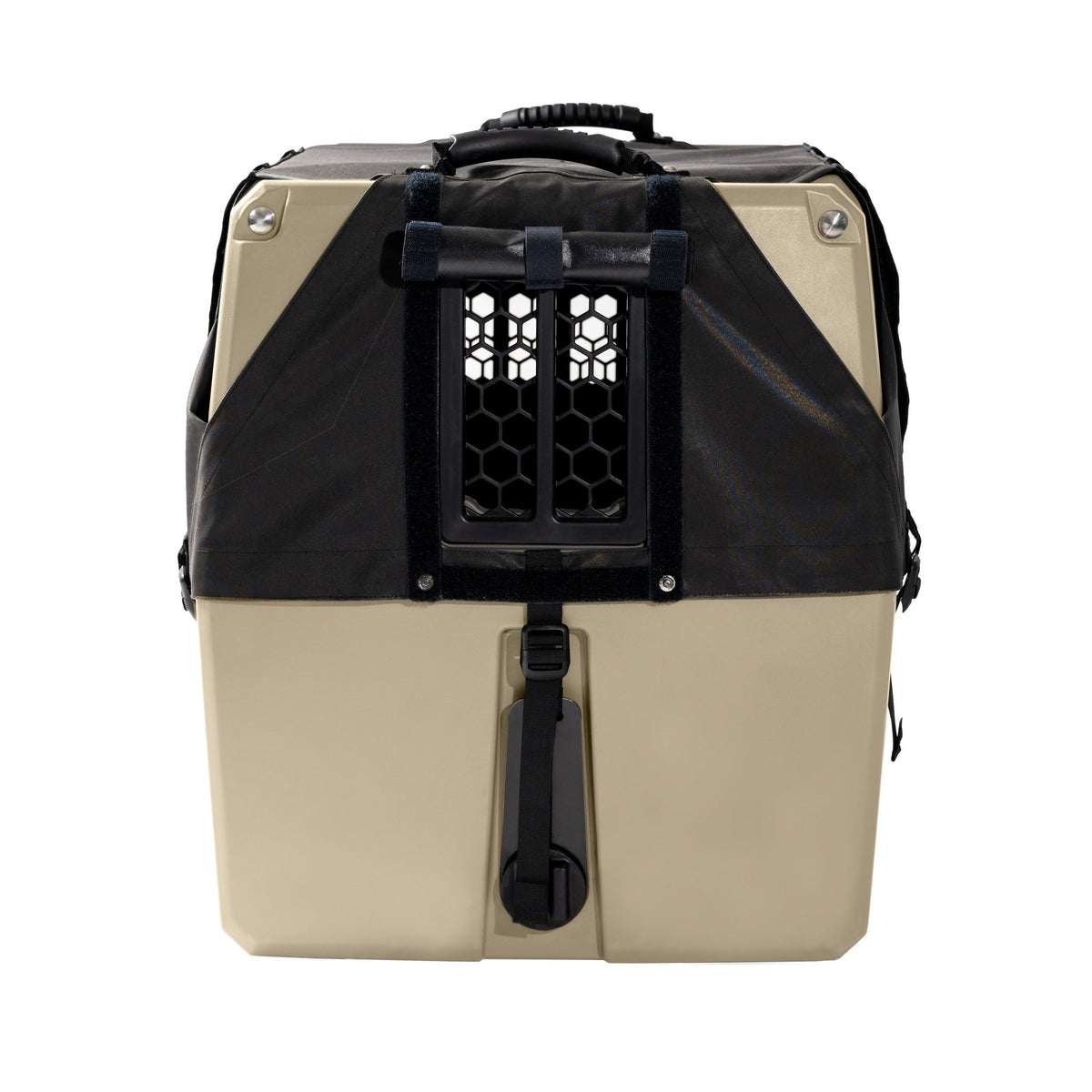 The GUNNER ALL-WEATHER KIT 2.0 is a beige and black hard-shell pet carrier with a top handle, front mesh window, and a waterproof cover for UV protection, shown against a white background.