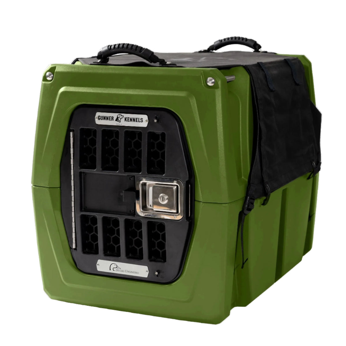 A green, hard-sided GUNNER ALL-WEATHER KIT 2.0 pet crate features a black metal door with latch, ventilation holes, carry handles, and a waterproof kennel cover partially draped on the side. The GUNNER brand is visible on the front.