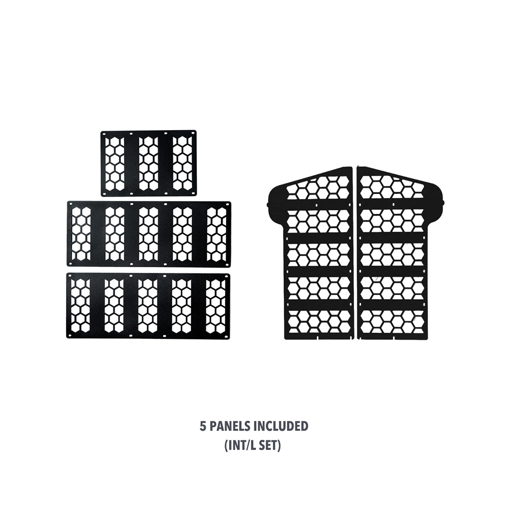 Black GUNNER CHEW KIT panels with honeycomb and rectangular cutouts are shown on a white background: four rectangular panels stacked on the left, and two larger GUNNER CHEW KIT accessory panels side by side on the right.
