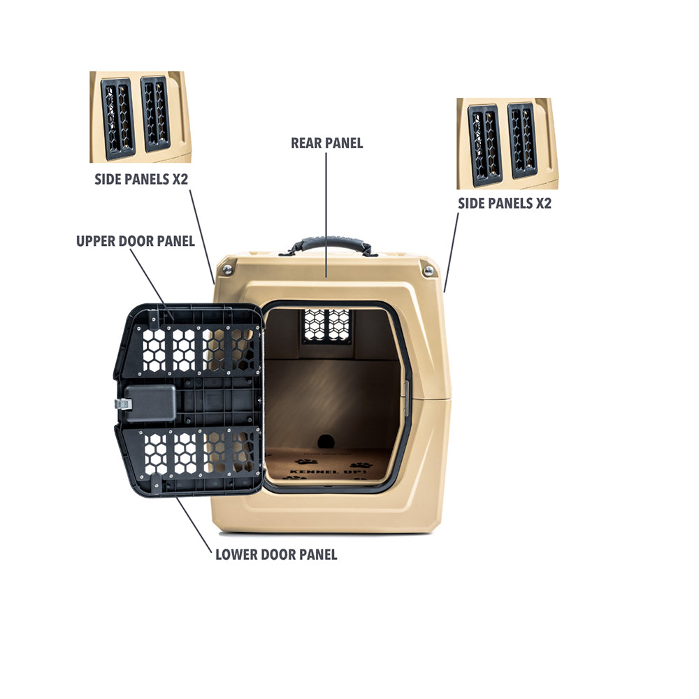 A beige GUNNER CHEW KIT pet carrier with a black handle is shown with its upper door open. Labeled sections highlight the side, rear, and door panels—demonstrating GUNNER’s focus on dog kennel protection.