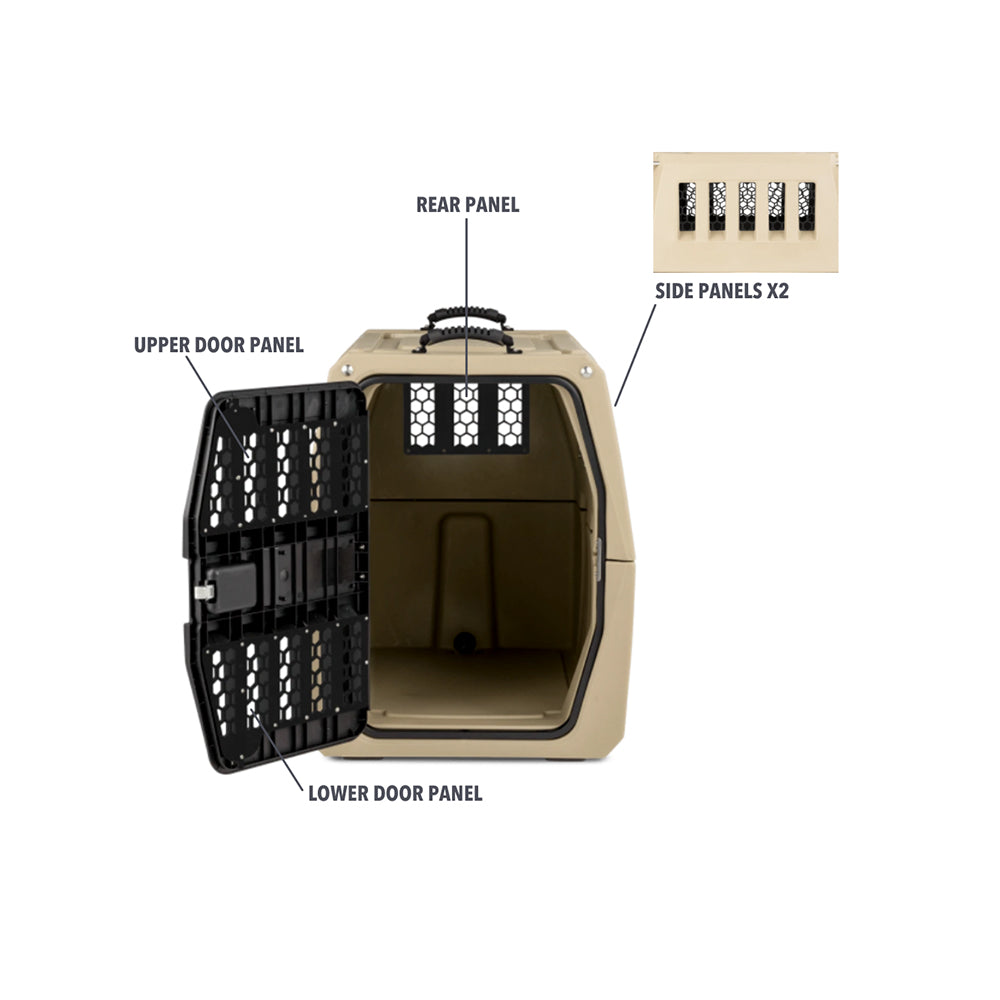The beige GUNNER CHEW KIT kennel has a black mesh door open to reveal the interior. It offers protection with vented rear, side, and door panels, plus a top handle. An inset highlights its side ventilation panels.