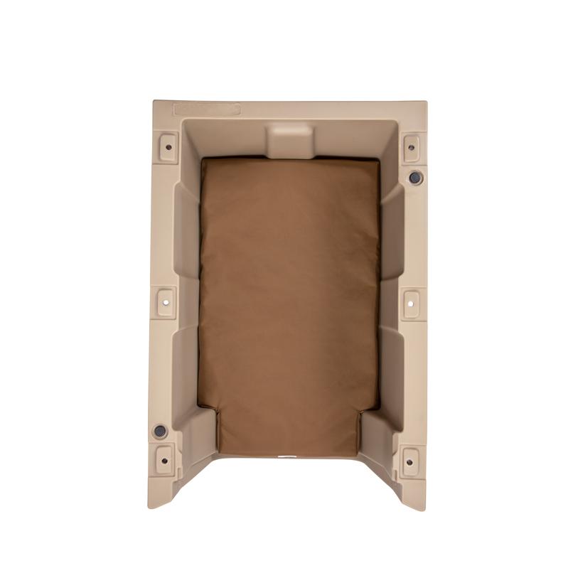 Top view of the GUNNER ORTHOPEDIC KENNEL BED—a beige, rectangular plastic kennel with a brown cooling memory foam pad—shown on a white background.