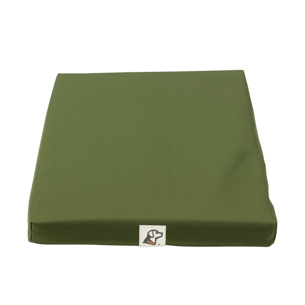 A square, olive green GUNNER ORTHOPEDIC KENNEL BED with a small white tag featuring a black and brown dog logo on one side, shown against a plain white background.