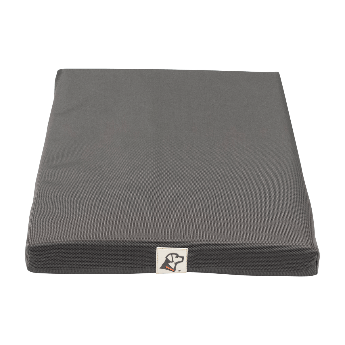 The GUNNER ORTHOPEDIC KENNEL BED is a rectangular, dark gray dog pad with cooling memory foam and a small dog head logo centered on the front cover, shown against a plain white background.