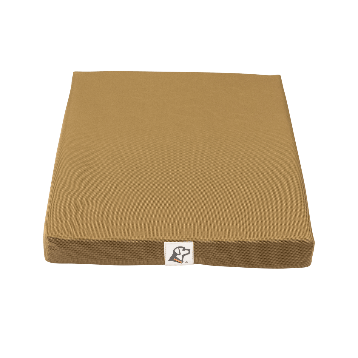 The GUNNER ORTHOPEDIC KENNEL BED is a rectangular, tan dog bed with a small white tag showing a dog icon on the front center edge, displayed on a plain white background.