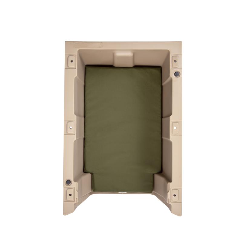 Top view of a rectangular beige plastic pet crate featuring the GUNNER ORTHOPEDIC KENNEL BED in green, set against a white background.