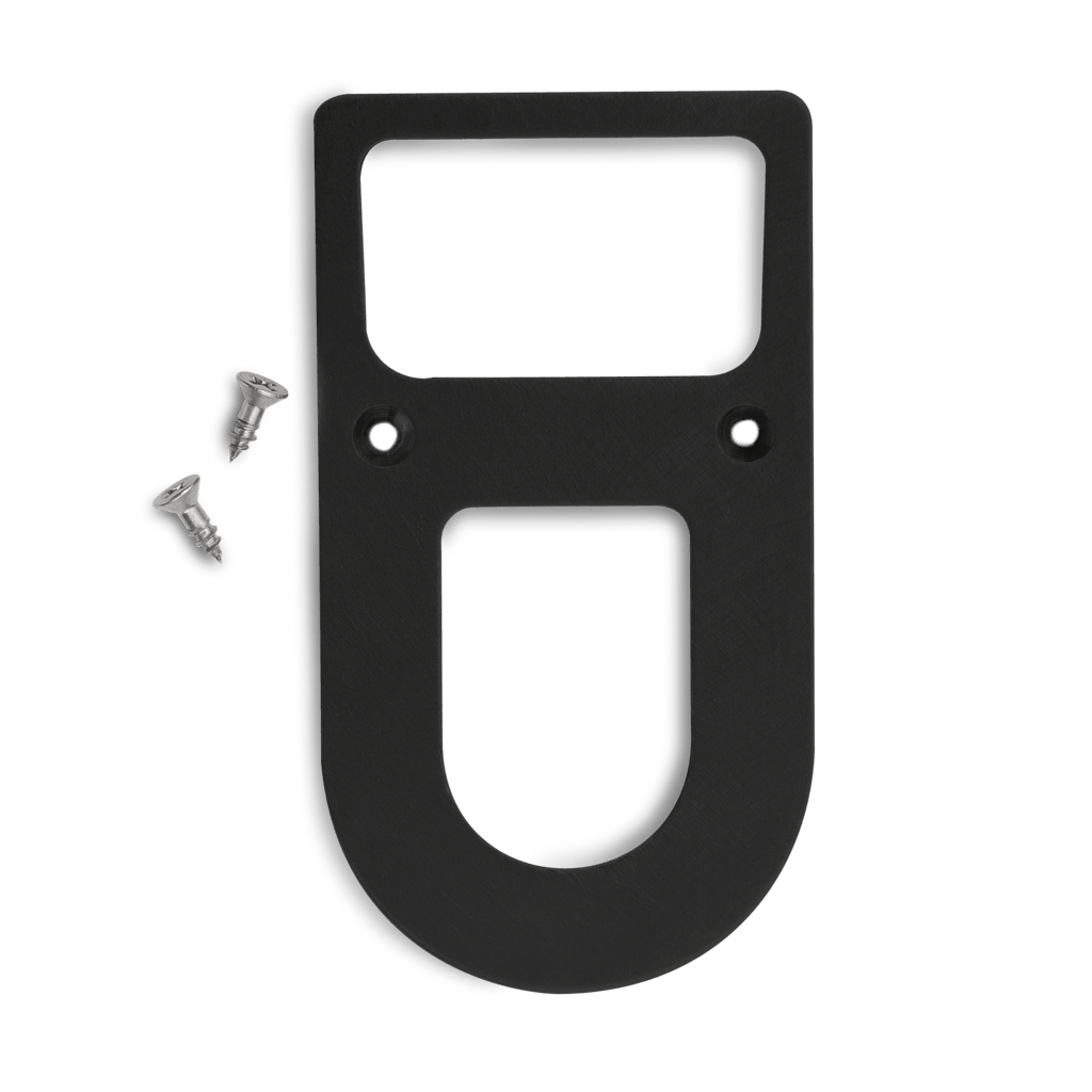 A black, U-shaped metal mounting bracket by GUNNER for the SECURITY LOCK KIT, includes two silver screws—ideal as a dog crate lock or part of a kennel security solution.