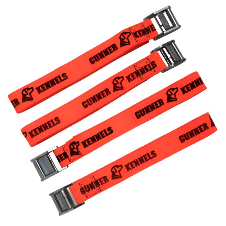 Four bright orange adjustable straps with metal buckles, each printed with the words GUNNER KENNELS and a dog logo in black, laid out parallel to each other on a white background—ideal outdoor gear for any hunting dog or secure kennel setup.